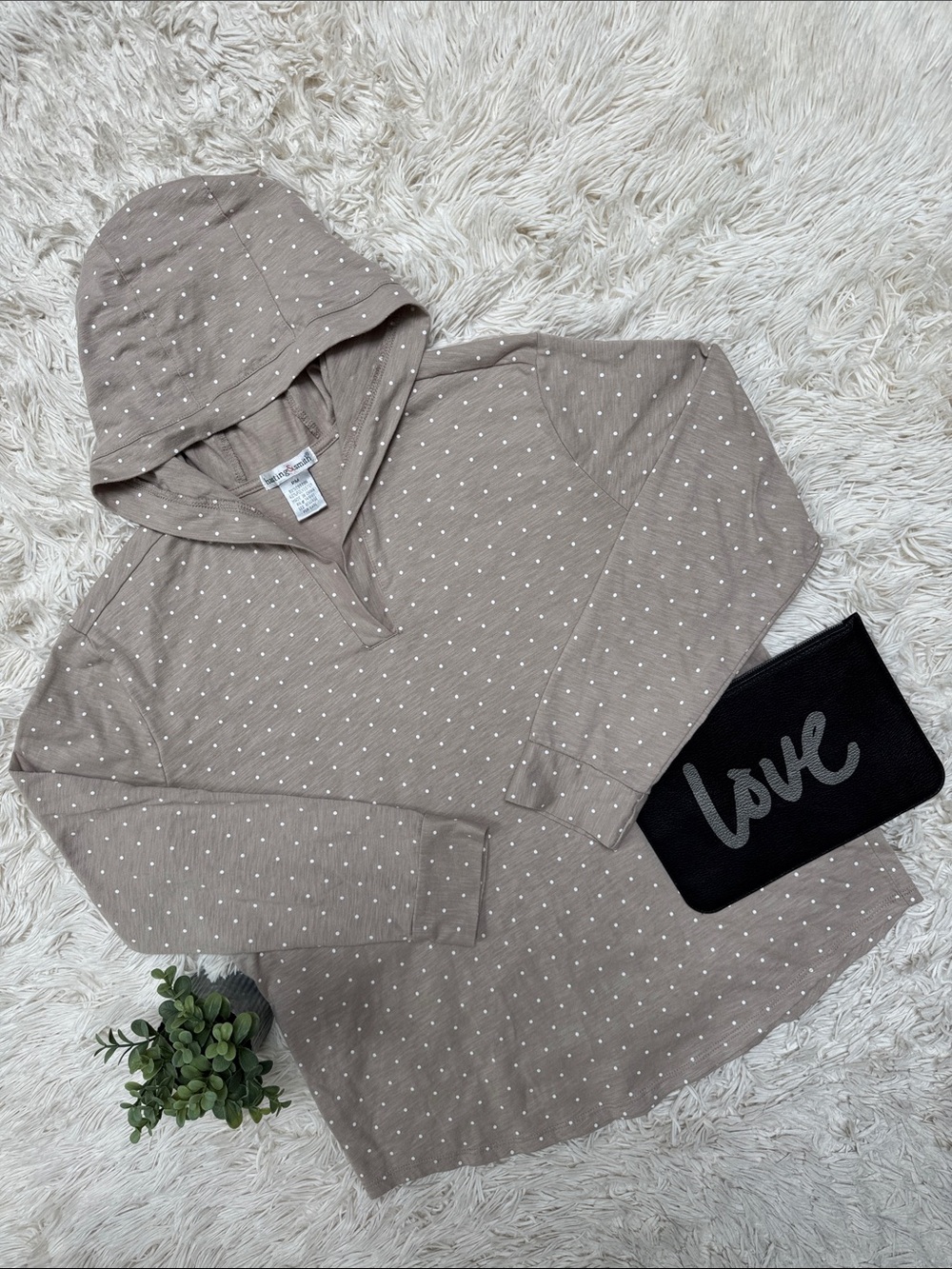 Hasting & Smith Polka Dot Hooded Pullover Top 💗 Taupe & White